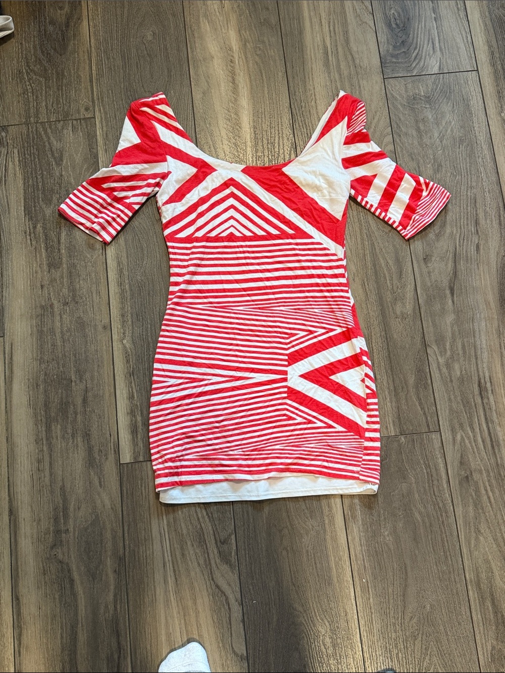bebe Red and White Geometric Stripe Scoop Neck Mini Dress